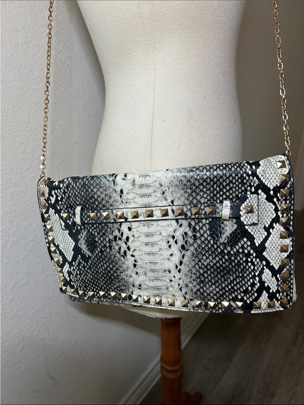 Snake-Print Studded Crossbody Bag in Black and White
